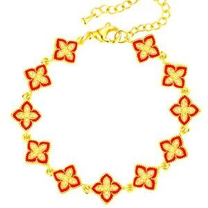 18K GOLD DIP CZ LINKED CLOVERS RED ENAMEL INLAY ELEGANT AND CHIC BRACELET